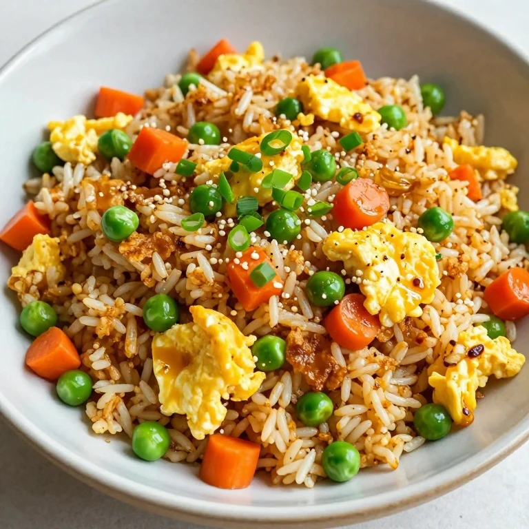 Egg fried rice with peas, carrots, and scallions garnish