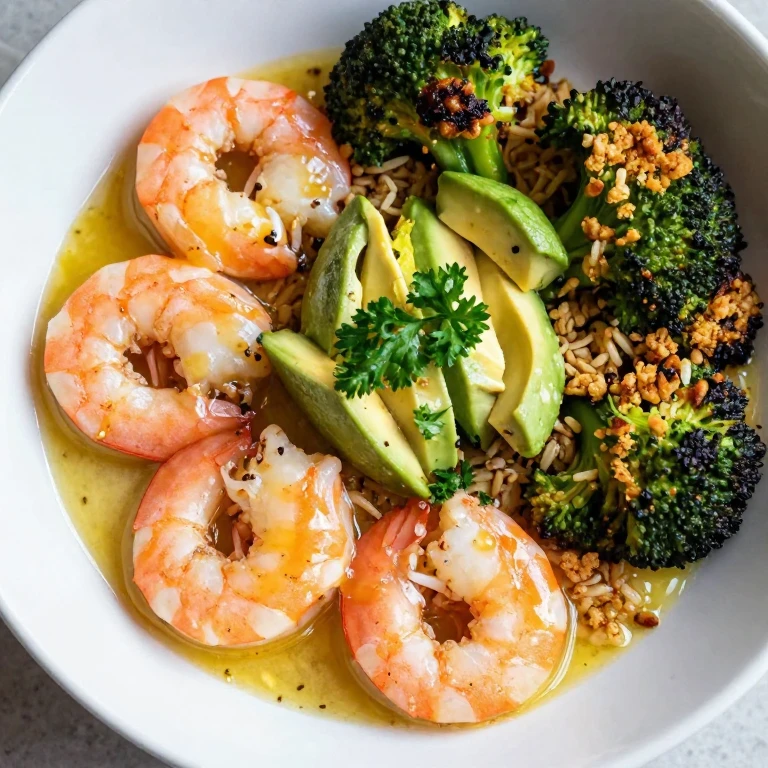 Garlic shrimp with crispy broccoli rice, avocado, and parsley