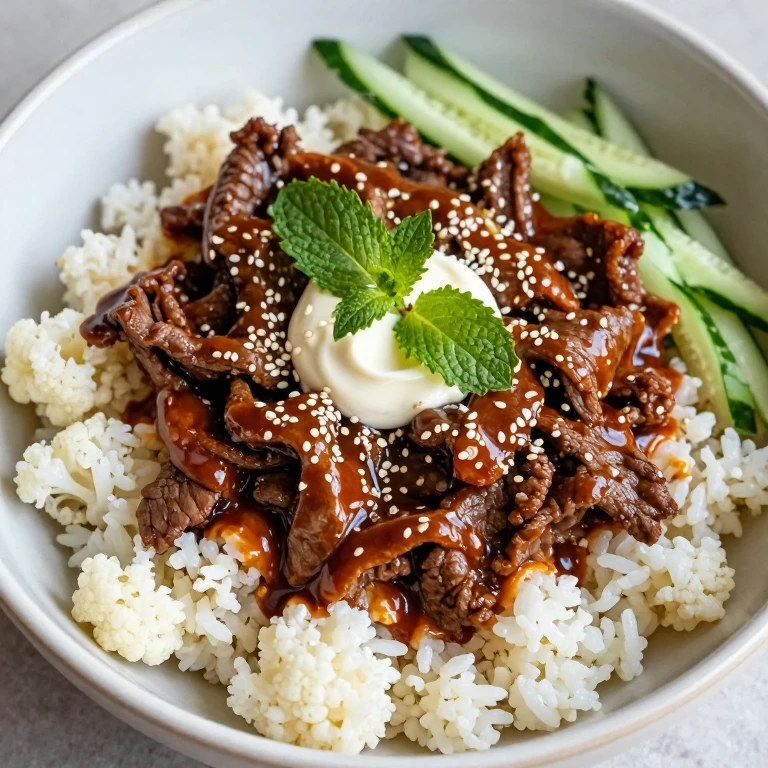 Korean beef bulgogi bowl with cucumber, mint, and gochujang mayo