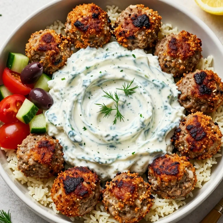 Mediterranean lamb meatball bowl with tzatziki, tomatoes, and olives
