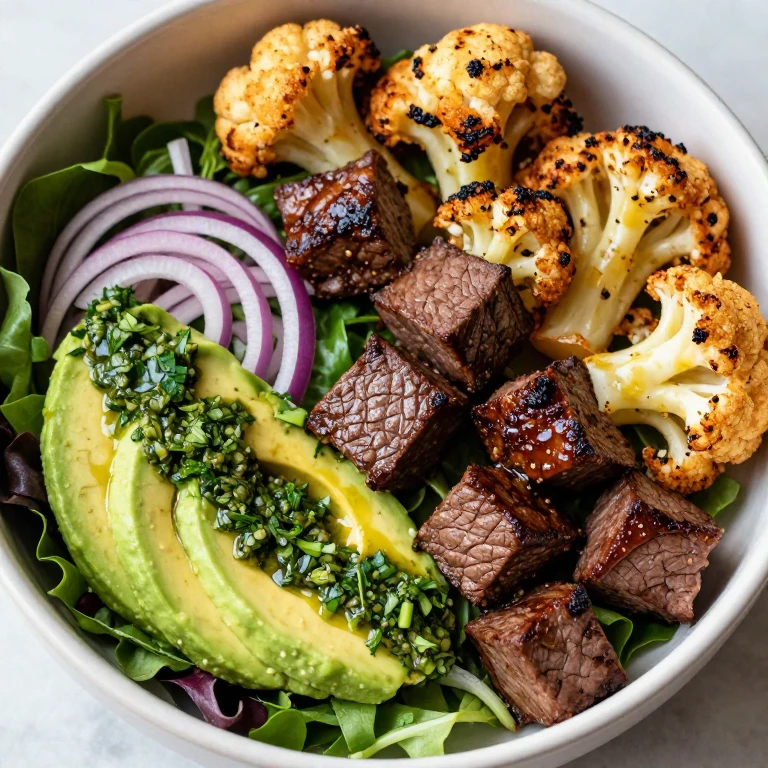 Chimichurri steak bowl with roasted cauliflower and avocado