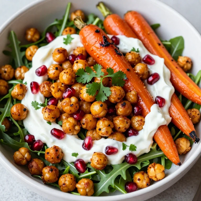 Harissa roasted chickpea and carrot bowl with tahini yogurt sauce