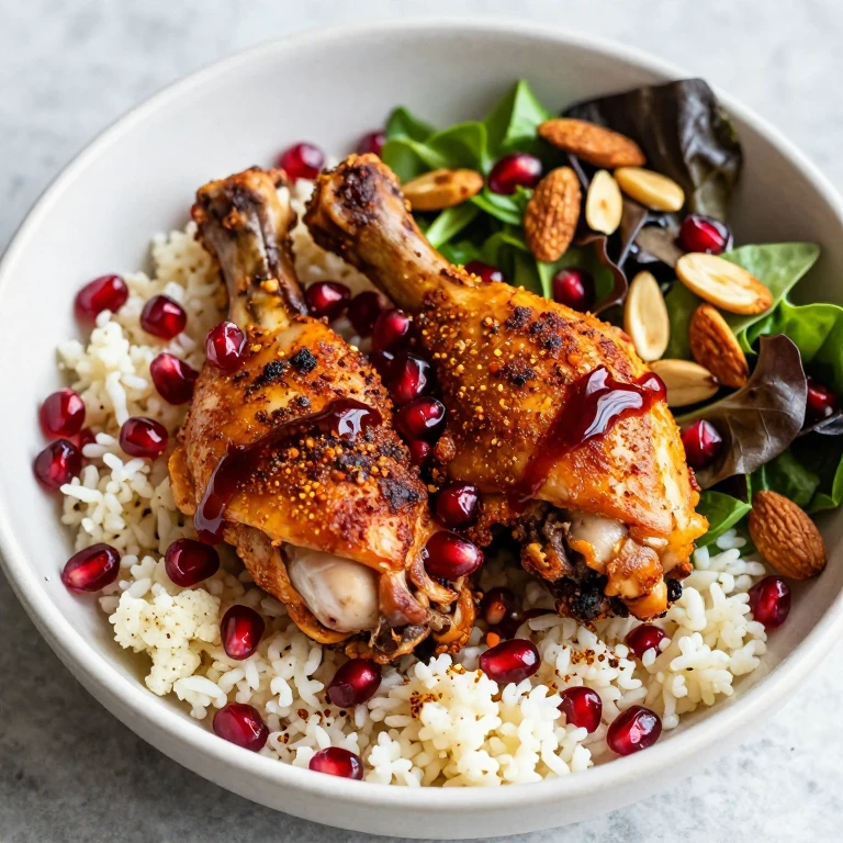 Roasted spiced chicken thigh bowl with pomegranate and almonds
