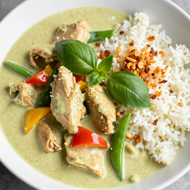 Thai green curry chicken bowl with basil and crispy shallots