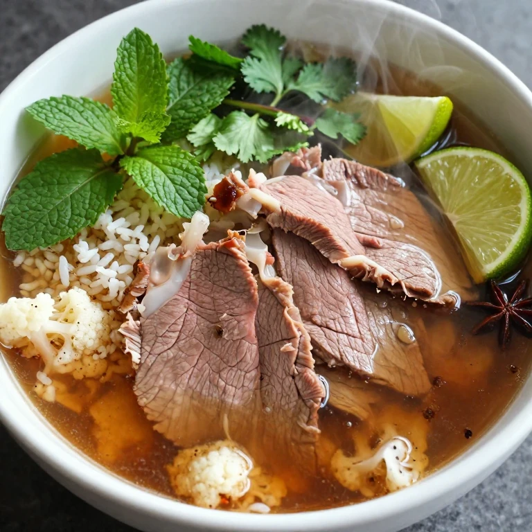 Vietnamese pho-inspired beef bowl with fresh herbs and lime