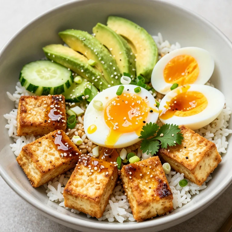 Golden crispy tofu and ginger-scallion rice bowl with egg and fresh vegetables