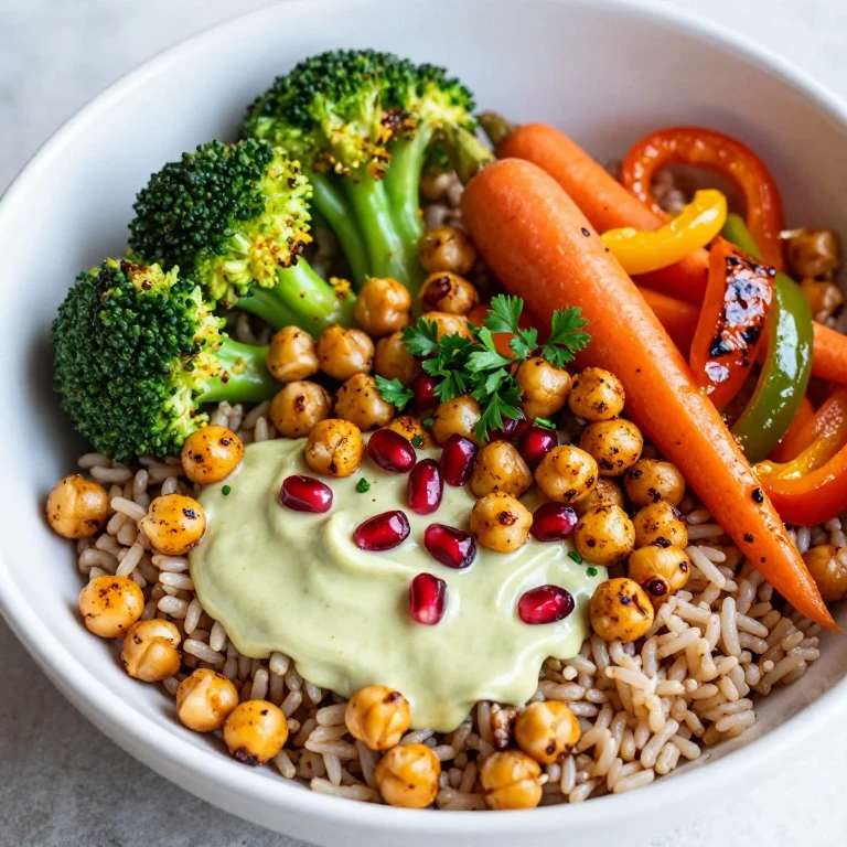 Crispy chickpea and tahini-lemon bowl with roasted vegetables and pomegranate