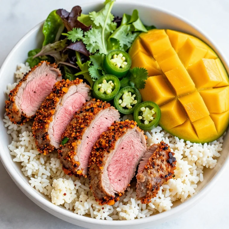 Jerk spiced pork tenderloin bowl with mango salsa and cilantro