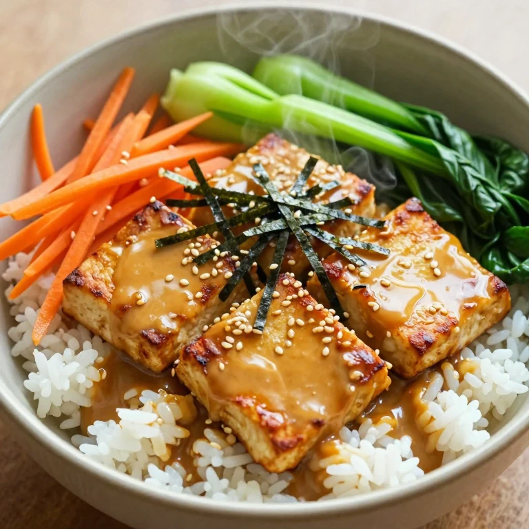 Seared tempeh and miso-butter rice bowl with bok choy and nori strips