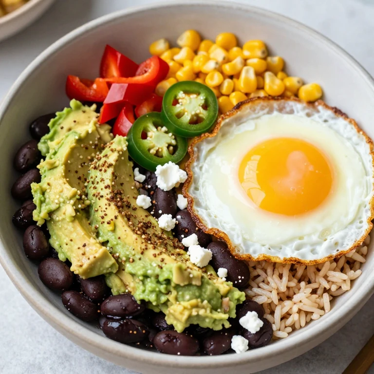 Avocado and black bean creamy bowl with fried egg and fresh toppings