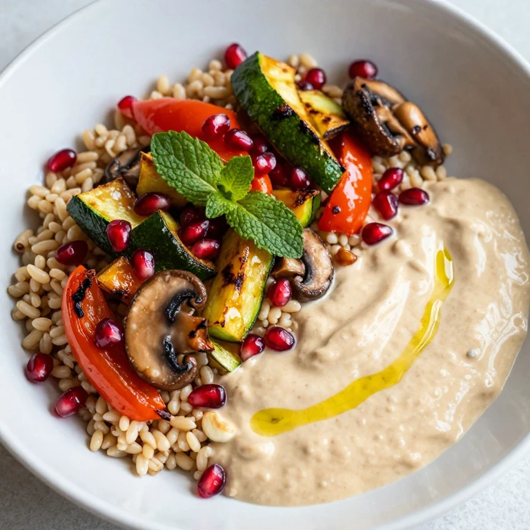 Cashew cream and roasted vegetable bowl with pomegranate arils and mint