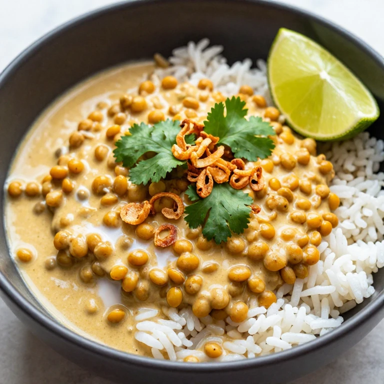 Creamy coconut curry lentil bowl with crispy shallots and cilantro