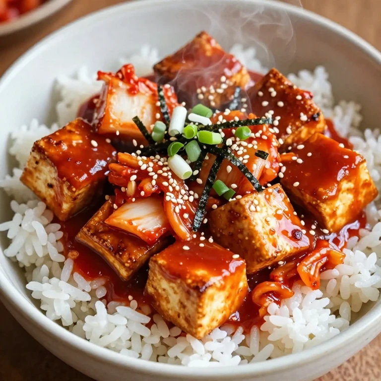 Gochujang-glazed tofu and kimchi bowl with sesame seeds and nori