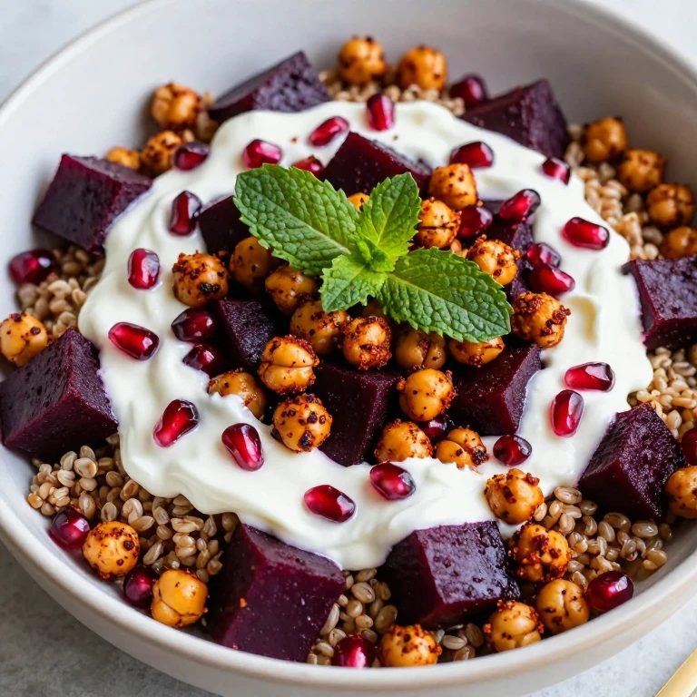 Harissa chickpea and roasted beet bowl with yogurt sauce and pomegranate