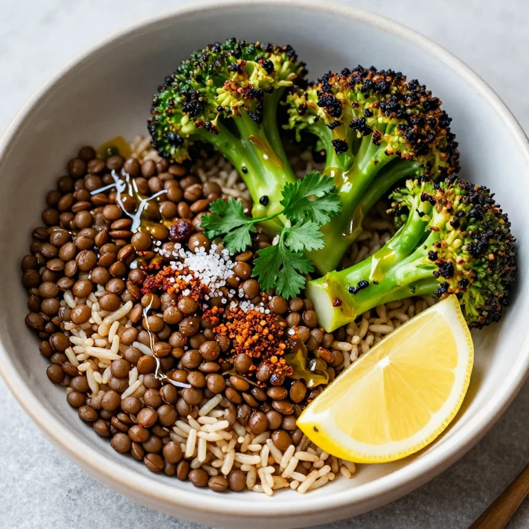 Smoked paprika lentil and charred broccoli bowl with olive oil drizzle