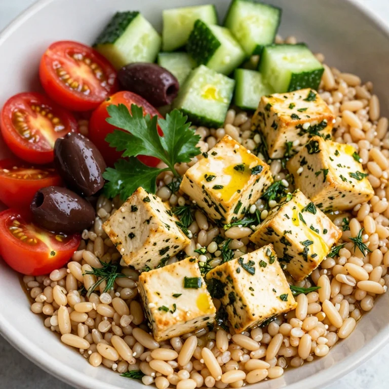 Mediterranean farro bowl with marinated tofu, tomatoes, and olives