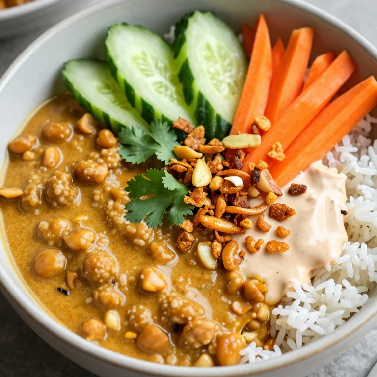 Thai peanut lentil bowl with pickled vegetables and crispy shallots