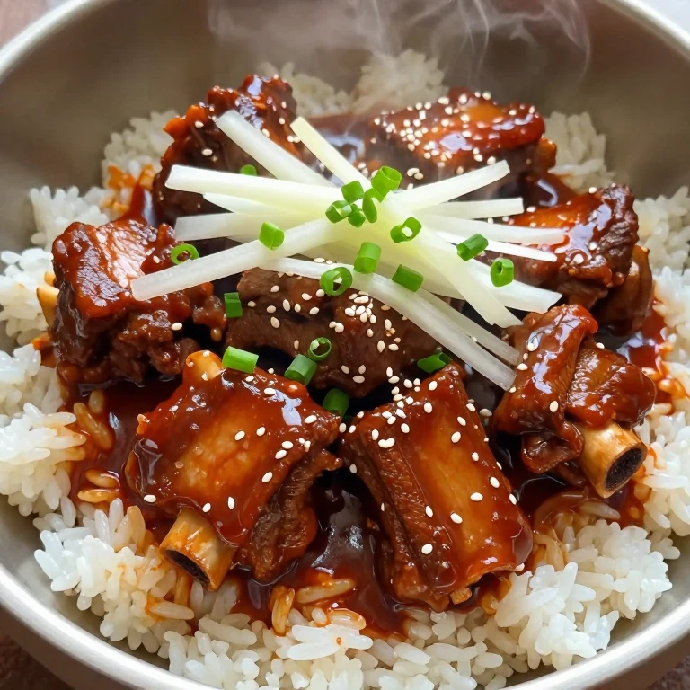 Braised gochujang beef short ribs with pickled daikon and rice