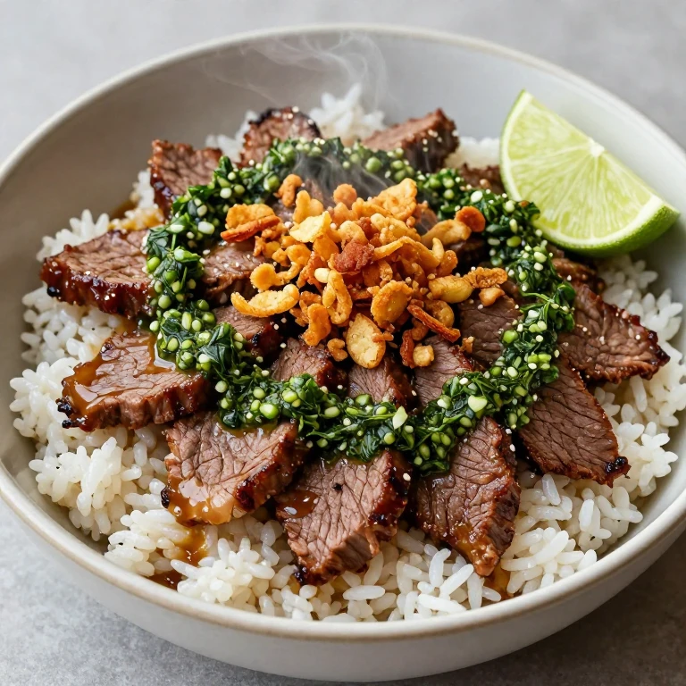 Bulgogi beef bowl with chimichurri, crispy shallots, and rice