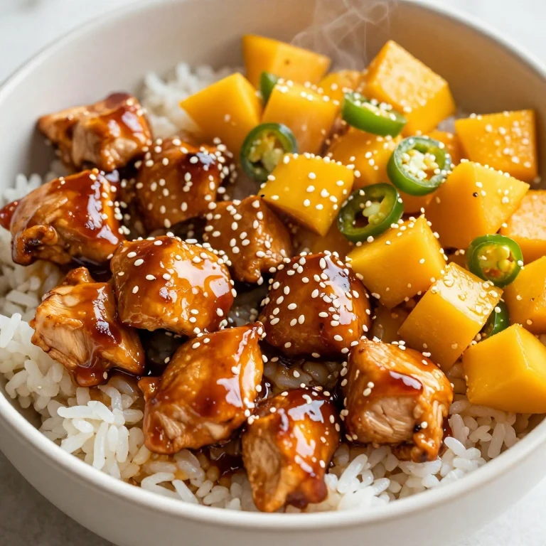 Teriyaki chicken bowl with mango salsa and sesame seeds