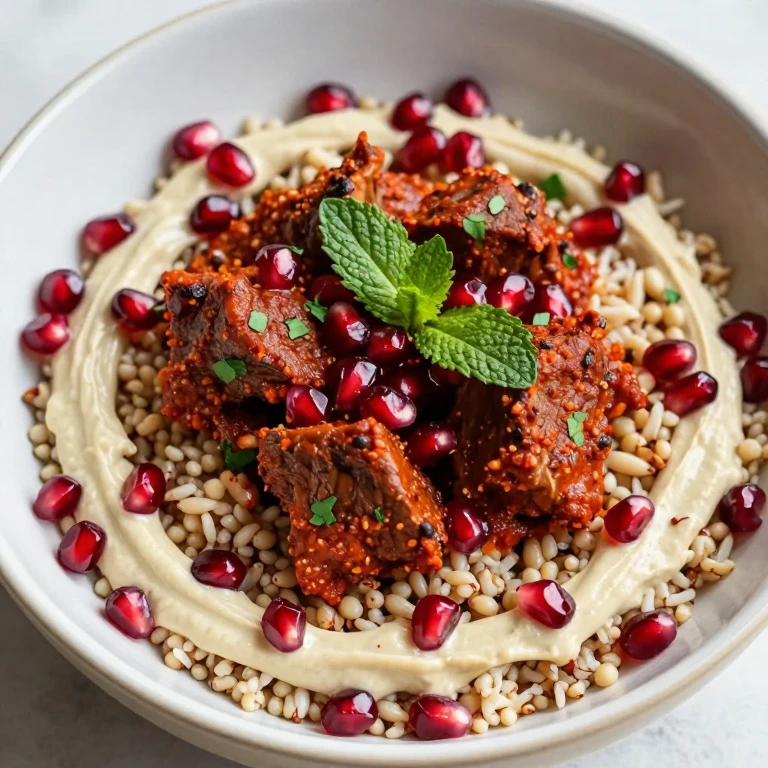 Harissa lamb bowl with pomegranate arils, tahini drizzle, herbs