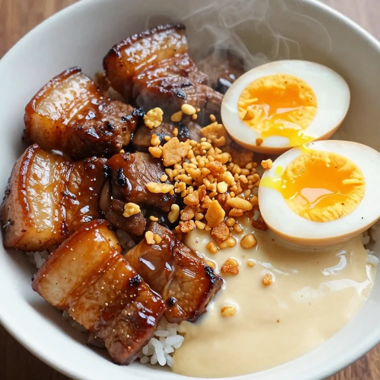 Miso-braised pork belly with soft egg, crispy garlic, and rice