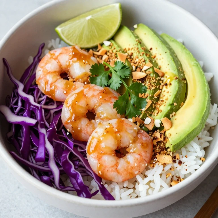 Miso-lime shrimp bowl with avocado, purple cabbage, toasted coconut