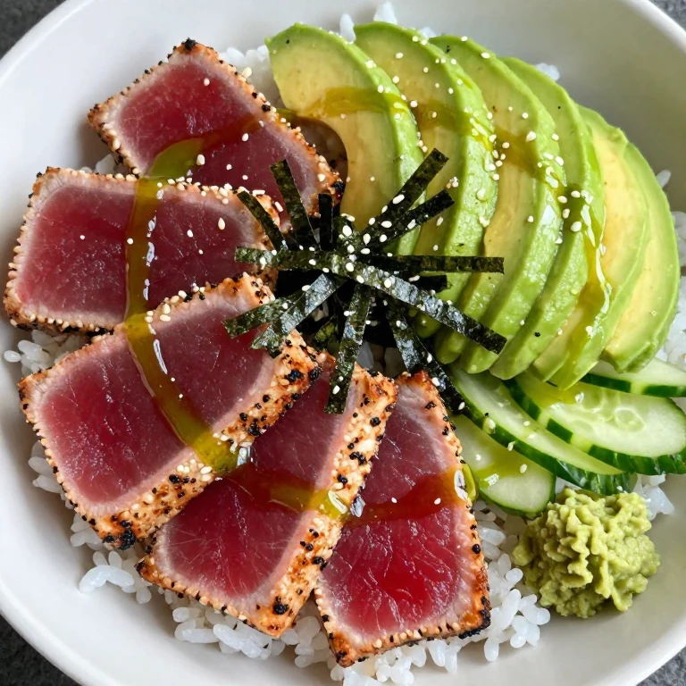 Seared tuna poke bowl with avocado, cucumber, nori, wasabi oil