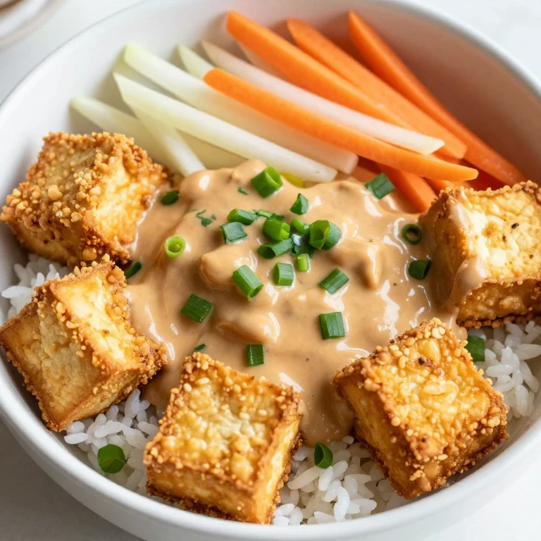 Crispy tofu bowl with peanut sauce and pickled vegetables