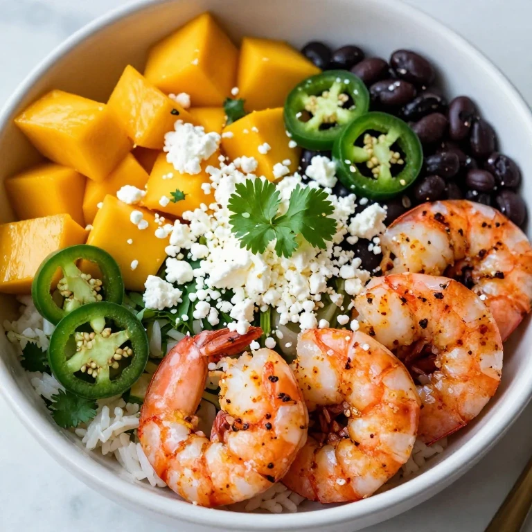 Chili-lime shrimp bowl with mango, black beans, cotija cheese