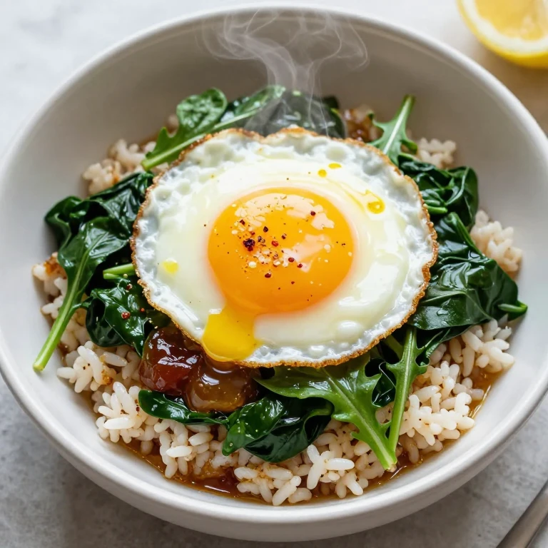 Garlicky greens and jammy egg bowl with wilted spinach, rice, and runny yolk