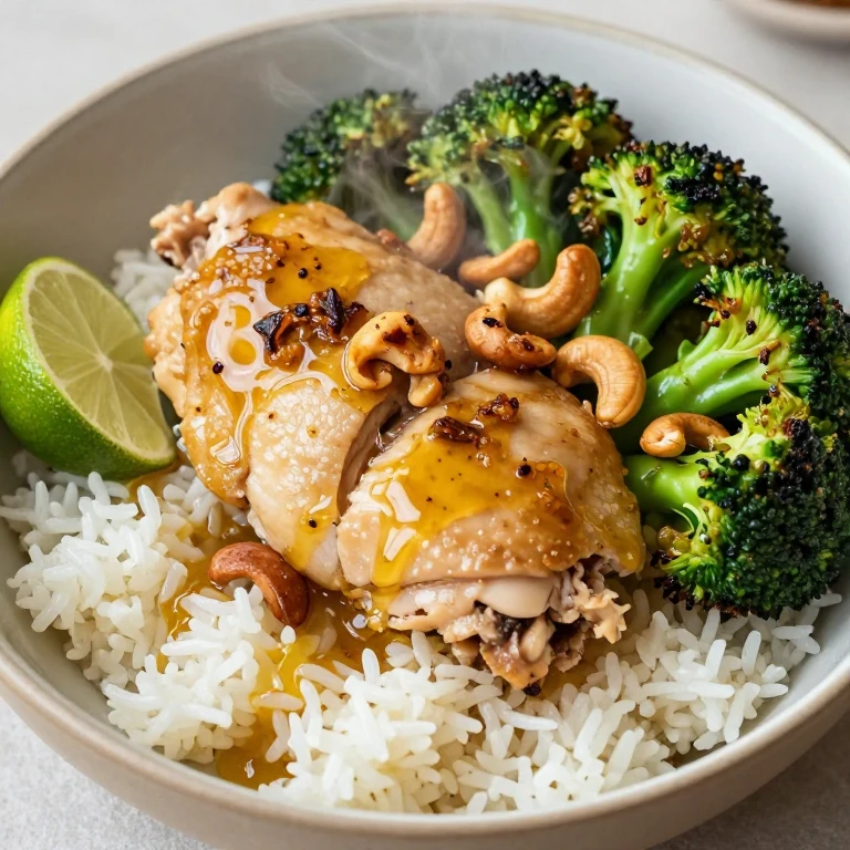 Ginger-scallion chicken with charred broccoli, cashews, lime