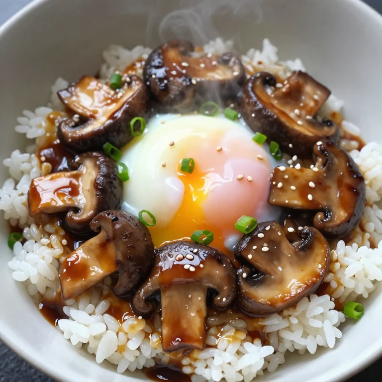 Miso mushroom and soft egg bowl with caramelized mushrooms, rice, and runny yolk