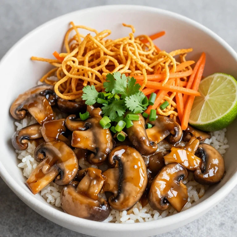 Soy-glazed mushroom bowl with crispy rice noodles and carrots