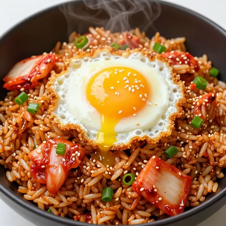 Kimchi fried rice with crispy egg, scallions, and sesame seeds