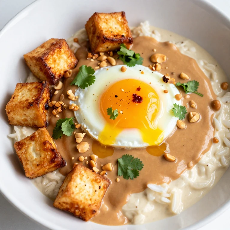 Peanut-egg tofu bowl with crispy tofu, egg, and creamy peanut sauce