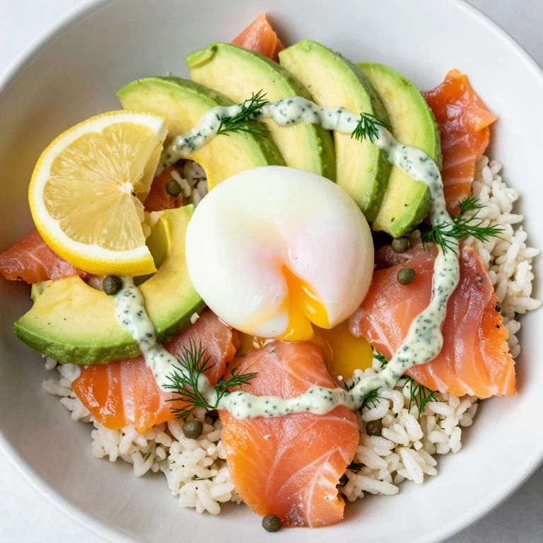 Smoked salmon and avocado bowl with poached egg, rice, and dill-caper vinaigrette