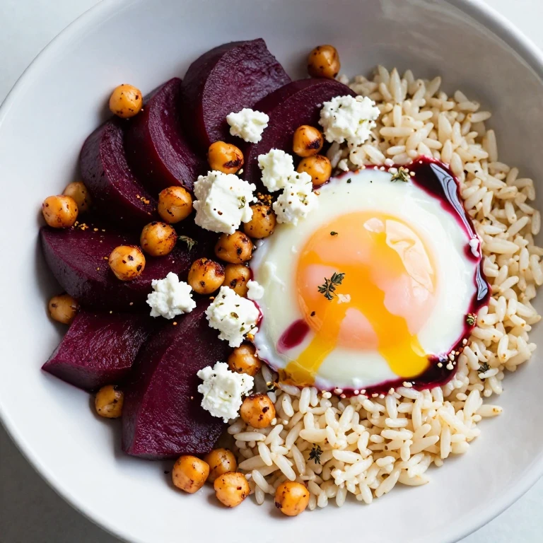 Beet and goat cheese bowl with crispy chickpeas, egg, and thyme vinaigrette