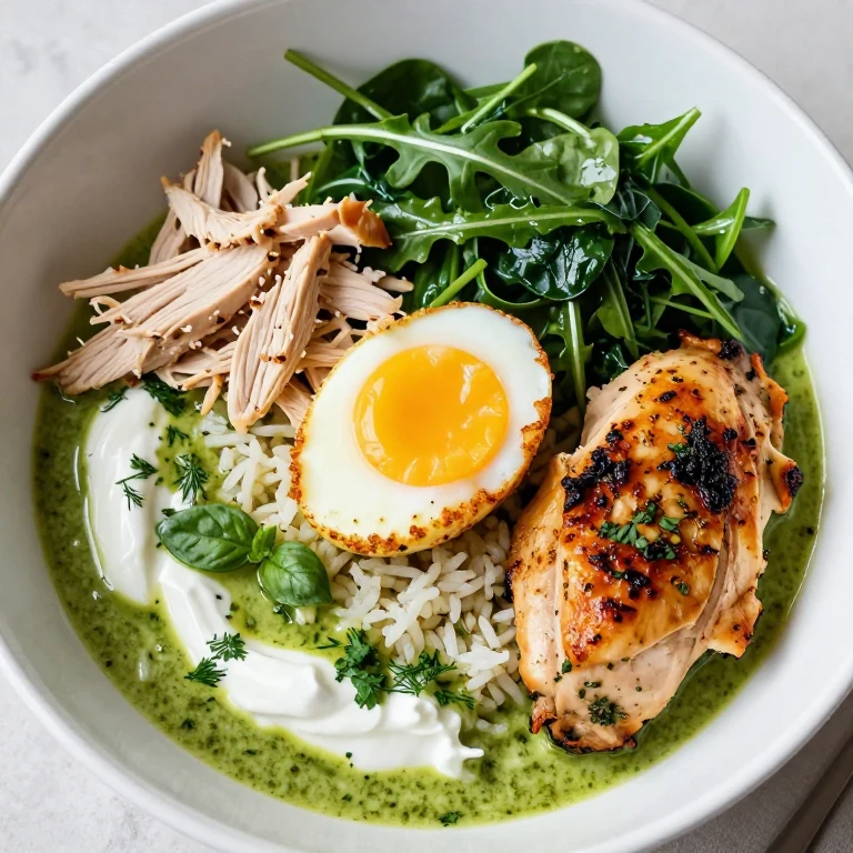 Herb-roasted chicken and green goddess bowl with greens, egg, and herb sauce