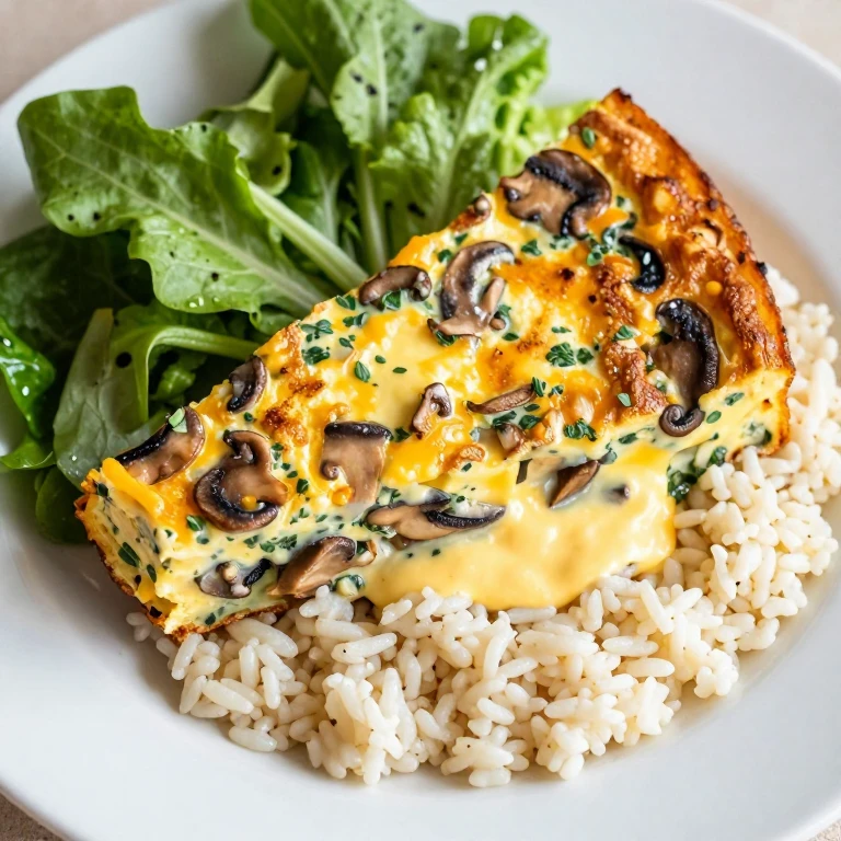 Mushroom and herb frittata bowl with cheese, rice, and fresh greens