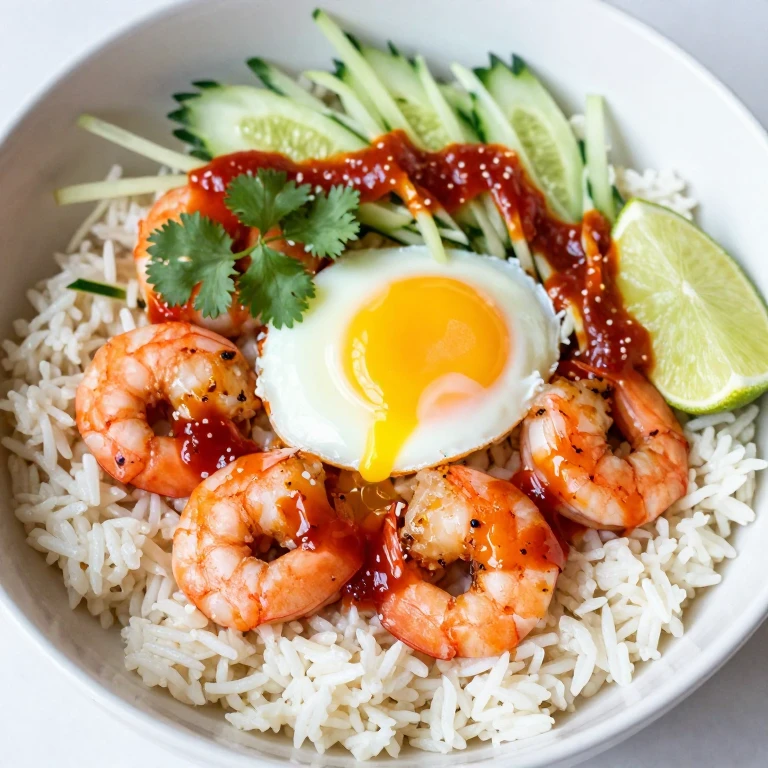 Sriracha-lime shrimp and coconut rice bowl with egg, cucumber, and cilantro
