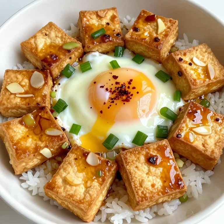 Crispy tofu and scallion oil bowl with egg, rice, and red pepper flakes