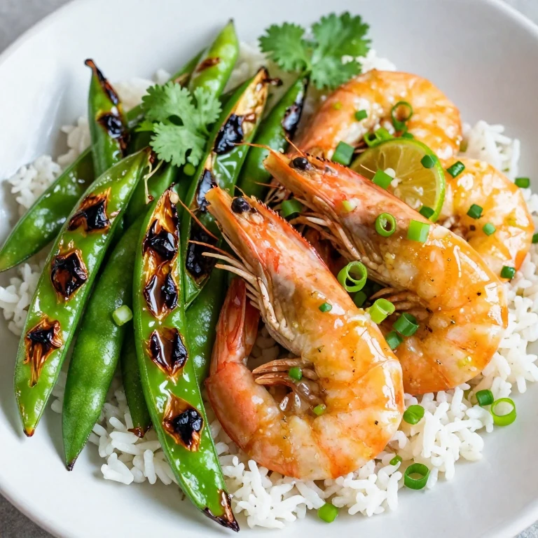 citrus shrimp with charred snap peas, jasmine rice, cilantro, green onions