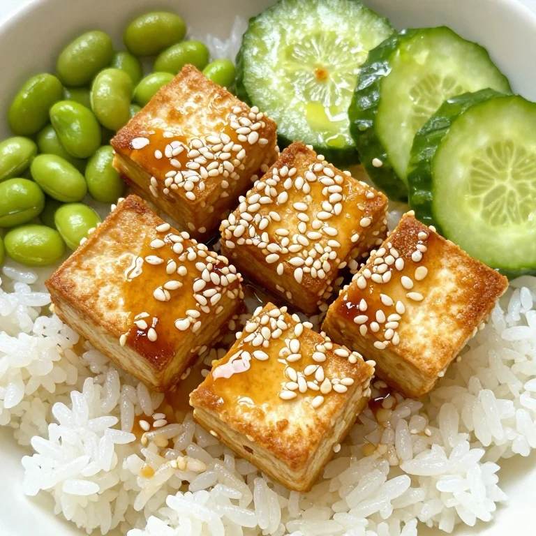 sesame tofu with pickled cucumber, jasmine rice, edamame, sesame seeds