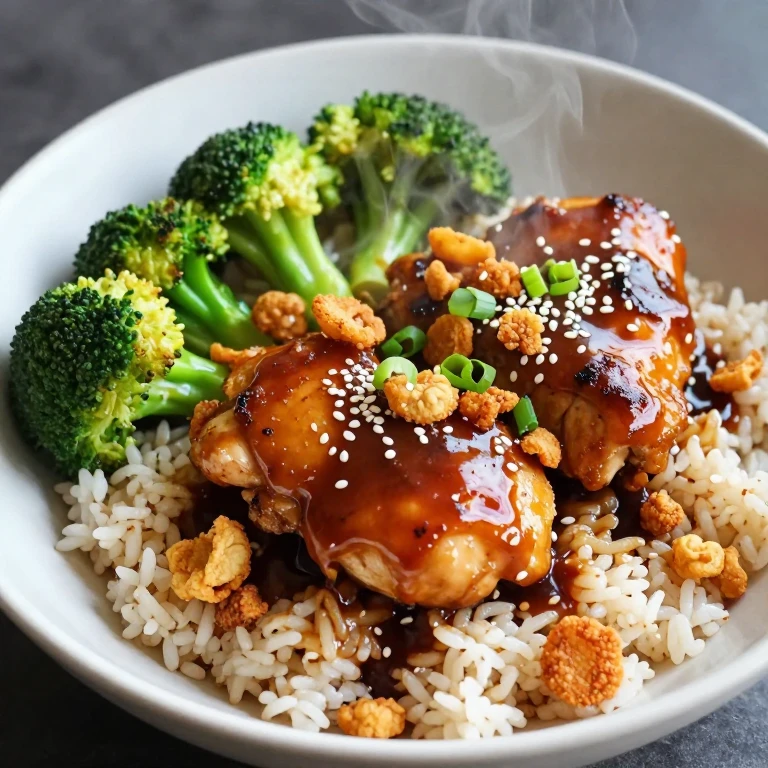 teriyaki chicken with crispy shallots, brown rice, roasted broccoli, sesame seeds