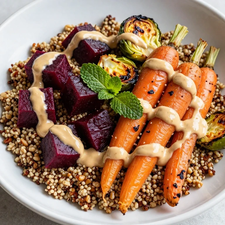 roasted vegetable and quinoa with tahini drizzle, beets, carrots, Brussels sprouts, mint