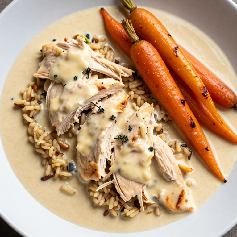 creamy chicken and wild rice with roasted root vegetables, carrots, parsnips, thyme