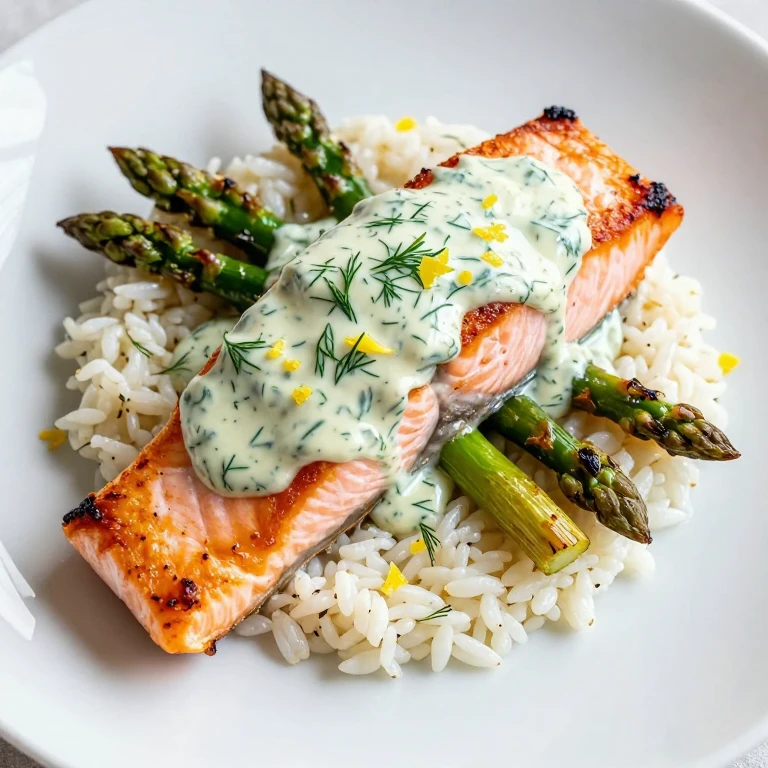 roasted salmon with dill cream sauce, jasmine rice, roasted asparagus, lemon zest