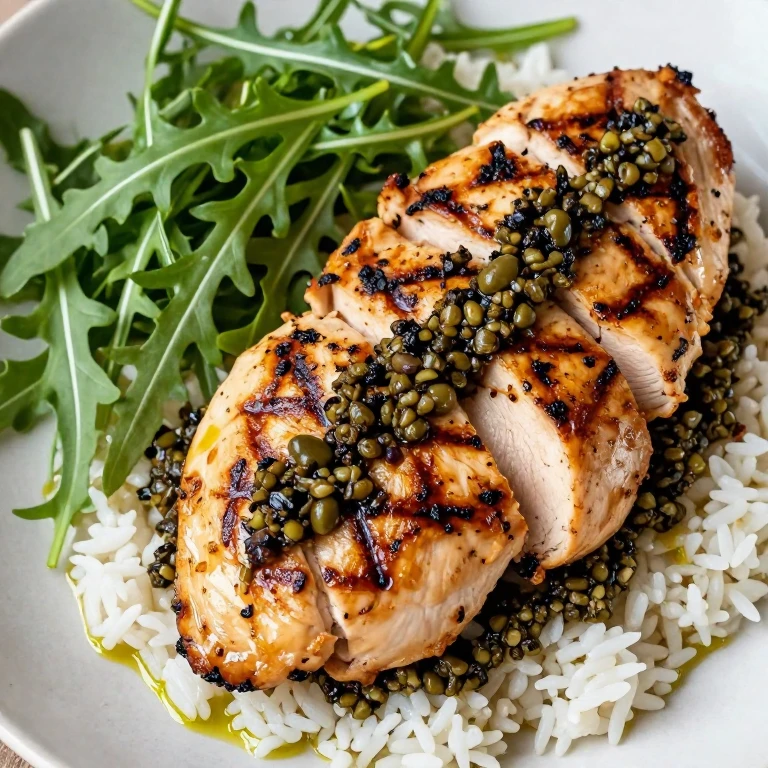 grilled chicken with olive tapenade and arugula, white rice, kalamata olives, capers