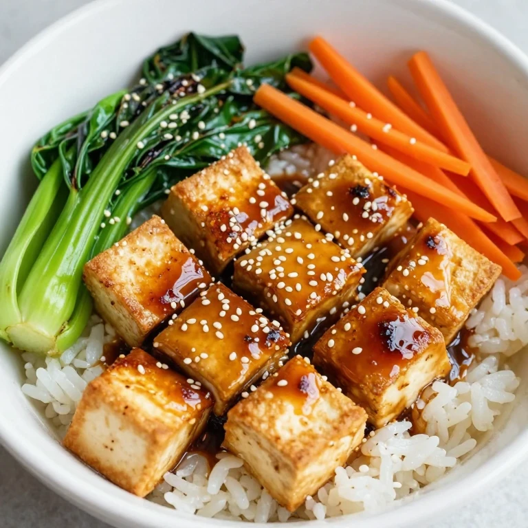 Golden miso tofu with bok choy and sesame seeds over white rice